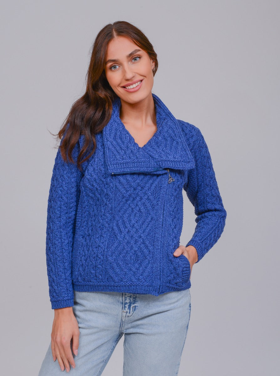 Cable Knit Jacket with Zip , Blue Marl