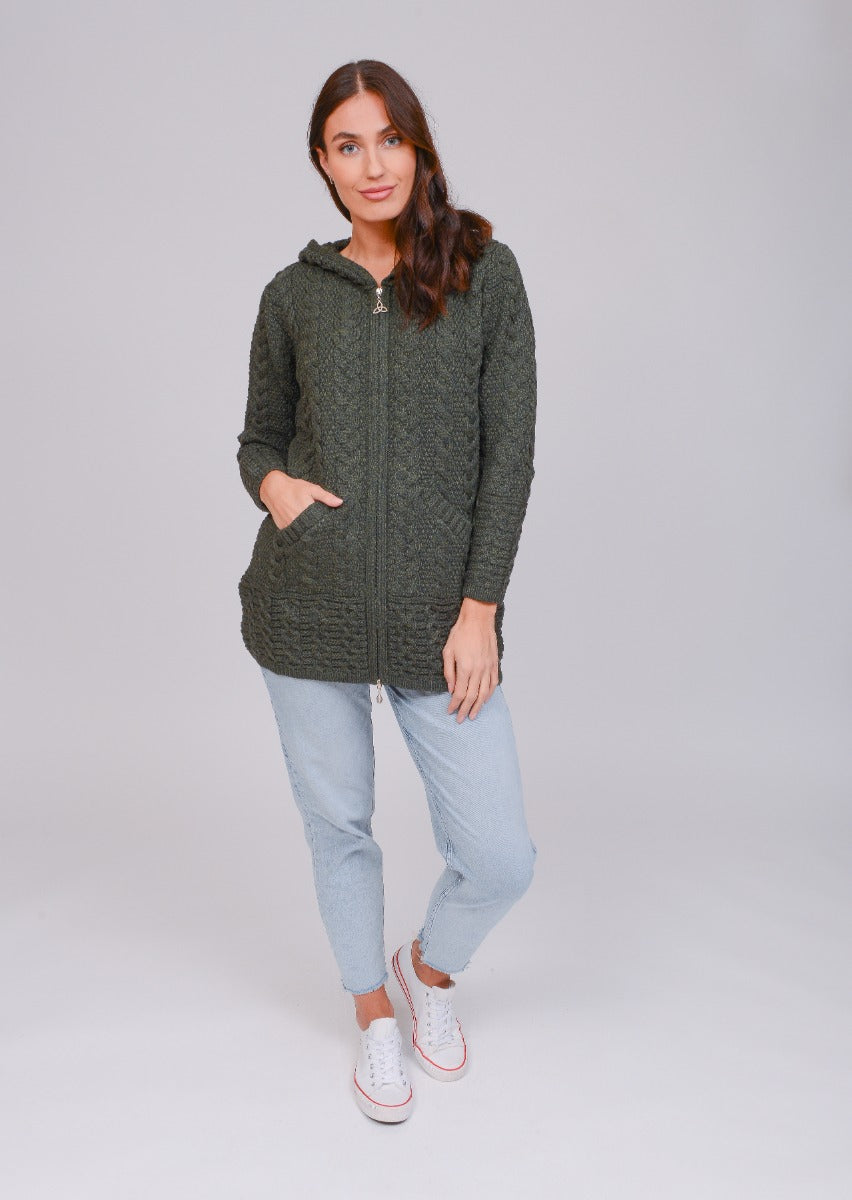 Long Zip Aran Cardigan With Hood , Army Green