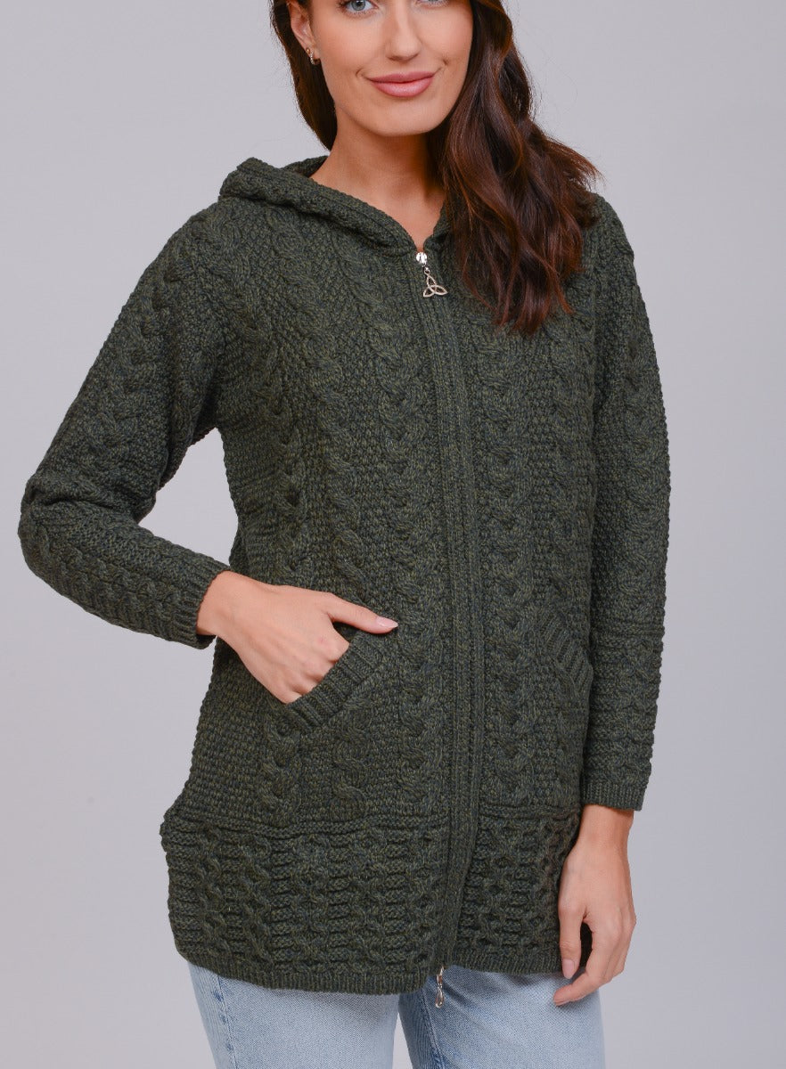 Long Zip Aran Cardigan With Hood , Army Green