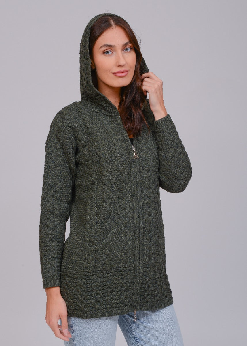 Long Zip Aran Cardigan With Hood , Army Green