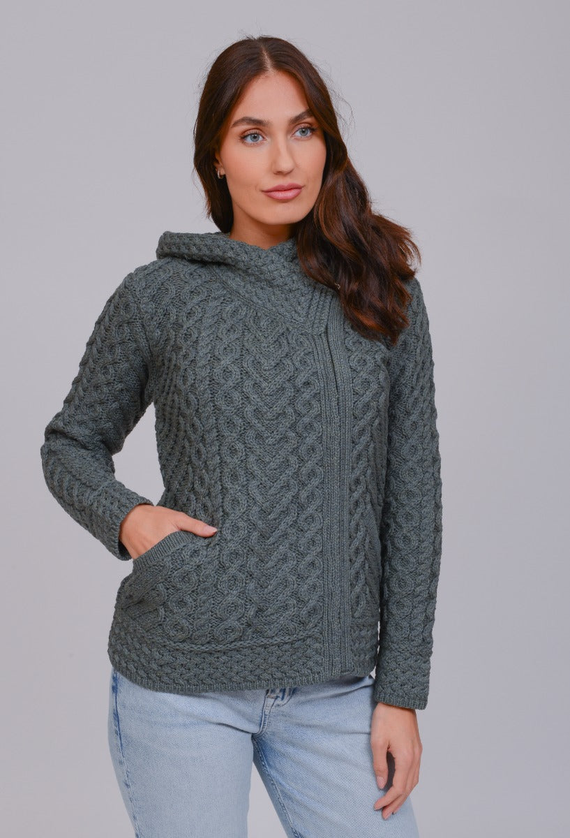 Model wearing West End Knitwear side zip hooded Aran cardigan in grey