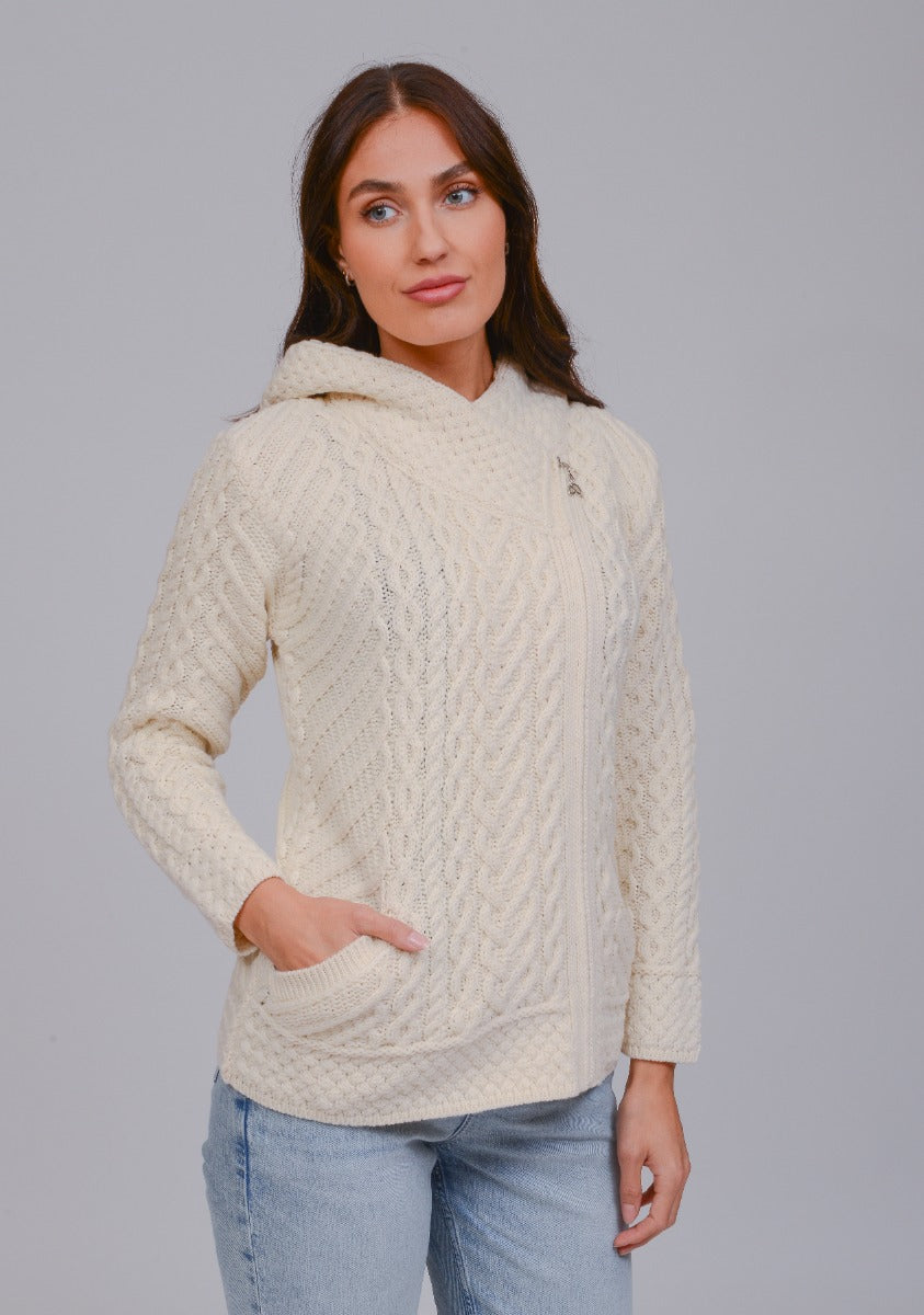 Side Zip Hooded Cardigan , Natural