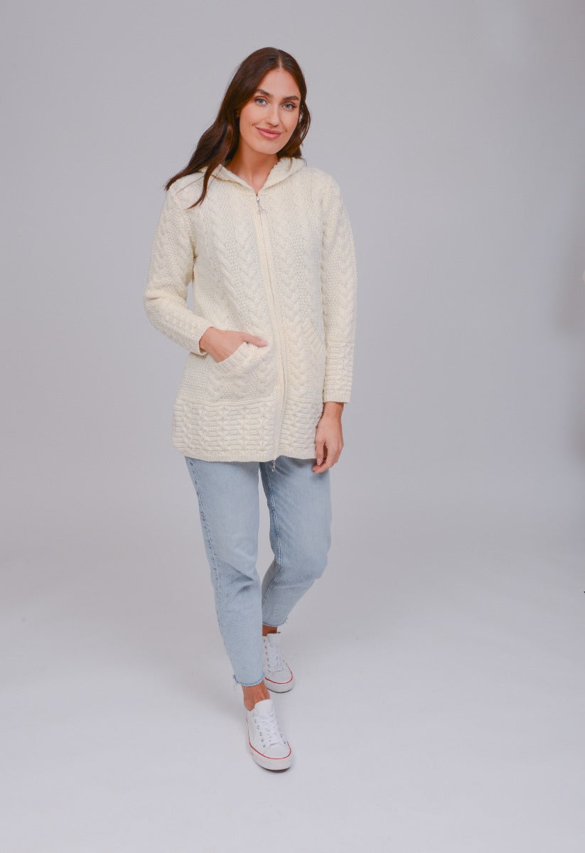 Long Zip Up Aran Cardigan With Hood , Natural