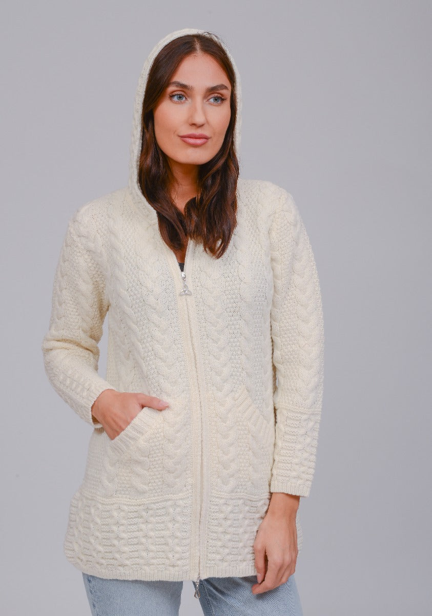Aran Crafts Long Zip Up Aran Cardigan With Hood Natural