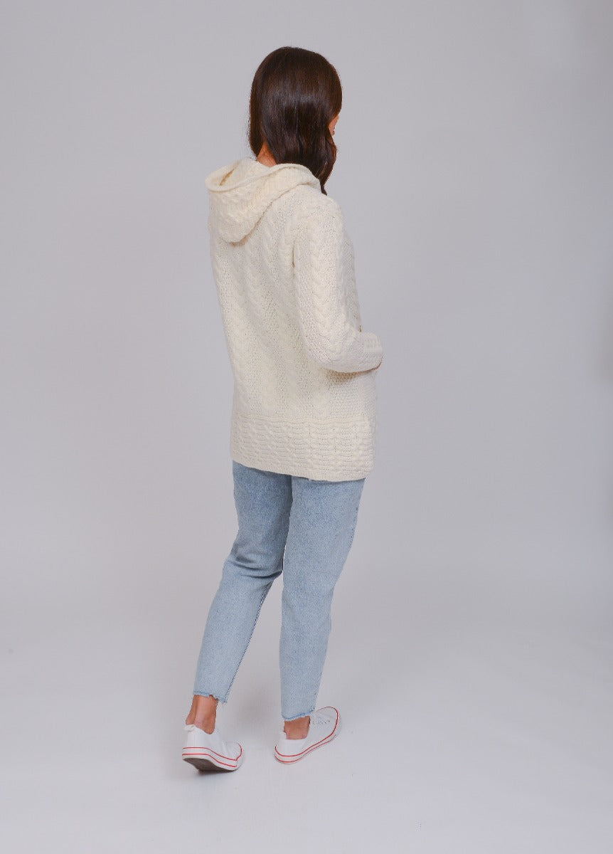 Long Zip Up Aran Cardigan With Hood , Natural