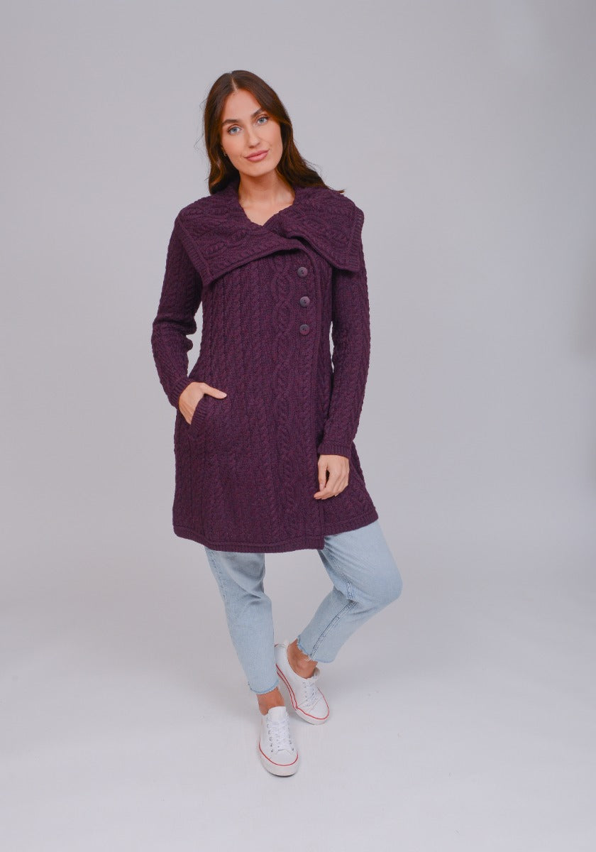 Chunky Collar Coat With Buttons , Damson