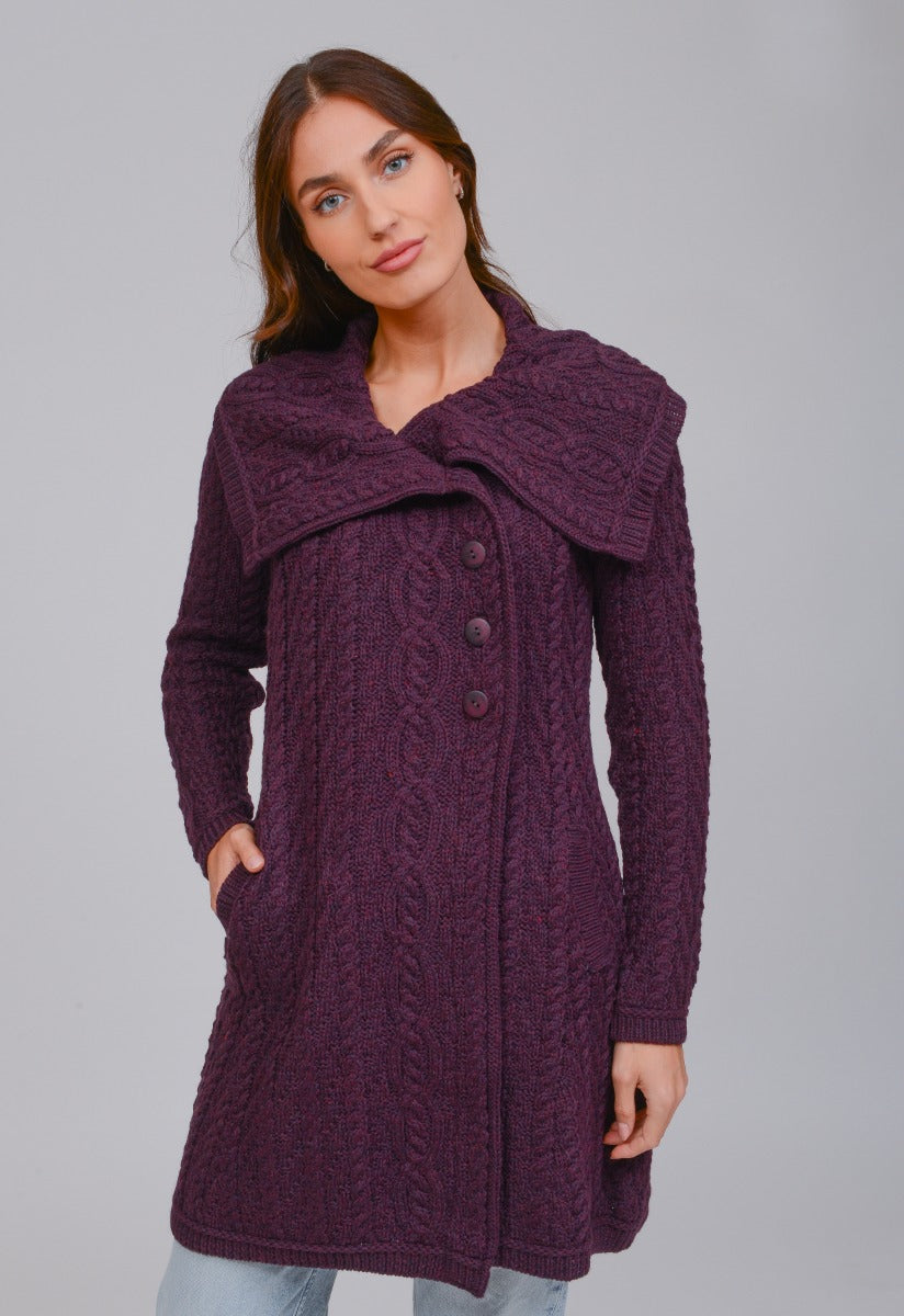 Chunky Collar Coat With Buttons , Damson