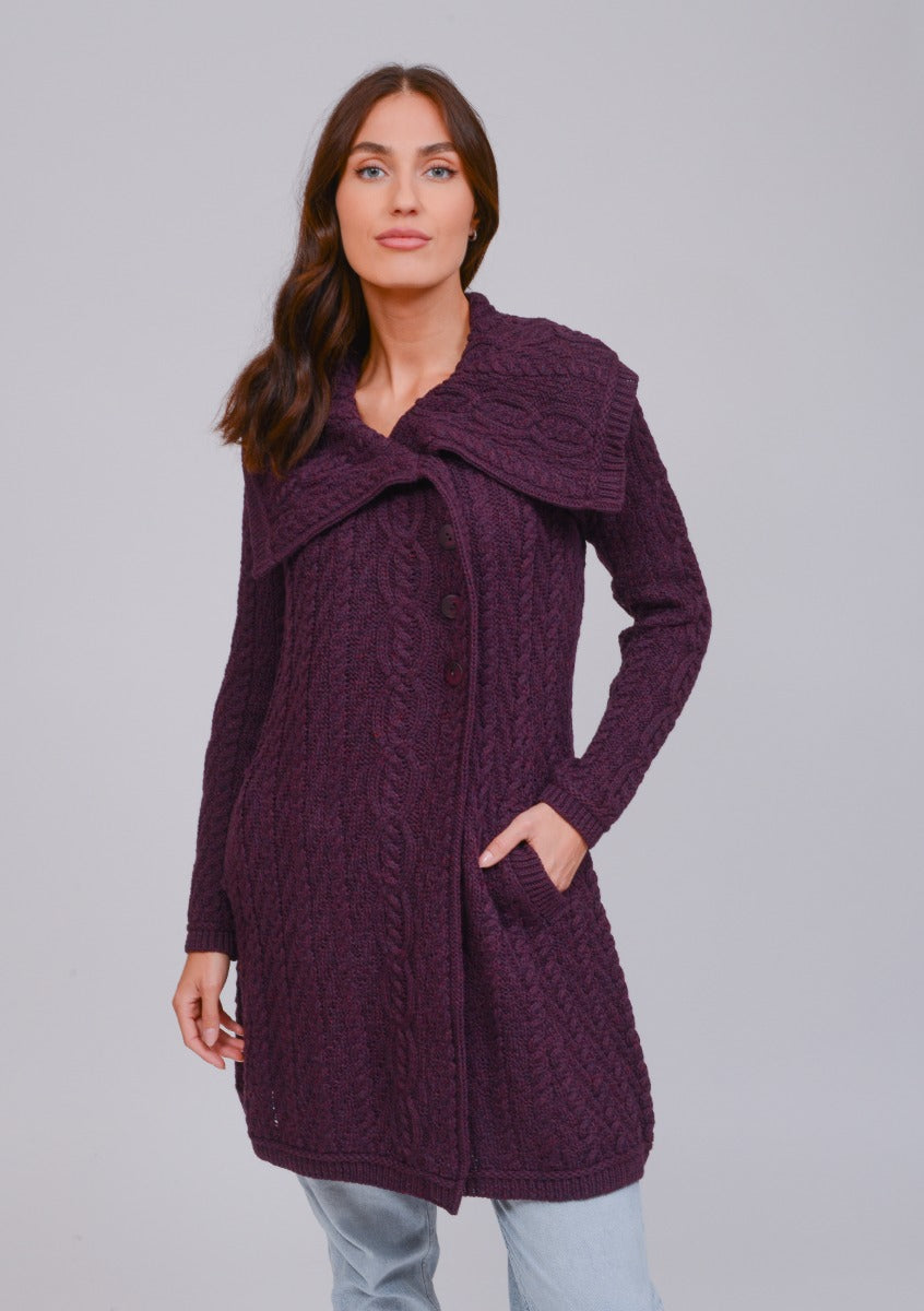 Chunky Collar Coat With Buttons , Damson