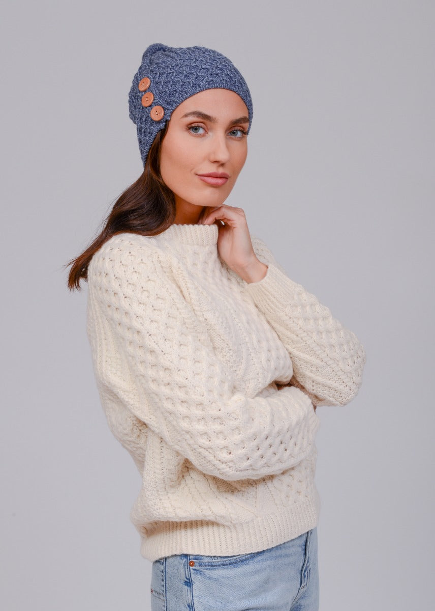 Aran Merino Wool Hat with 3 Buttons , Denim Marl