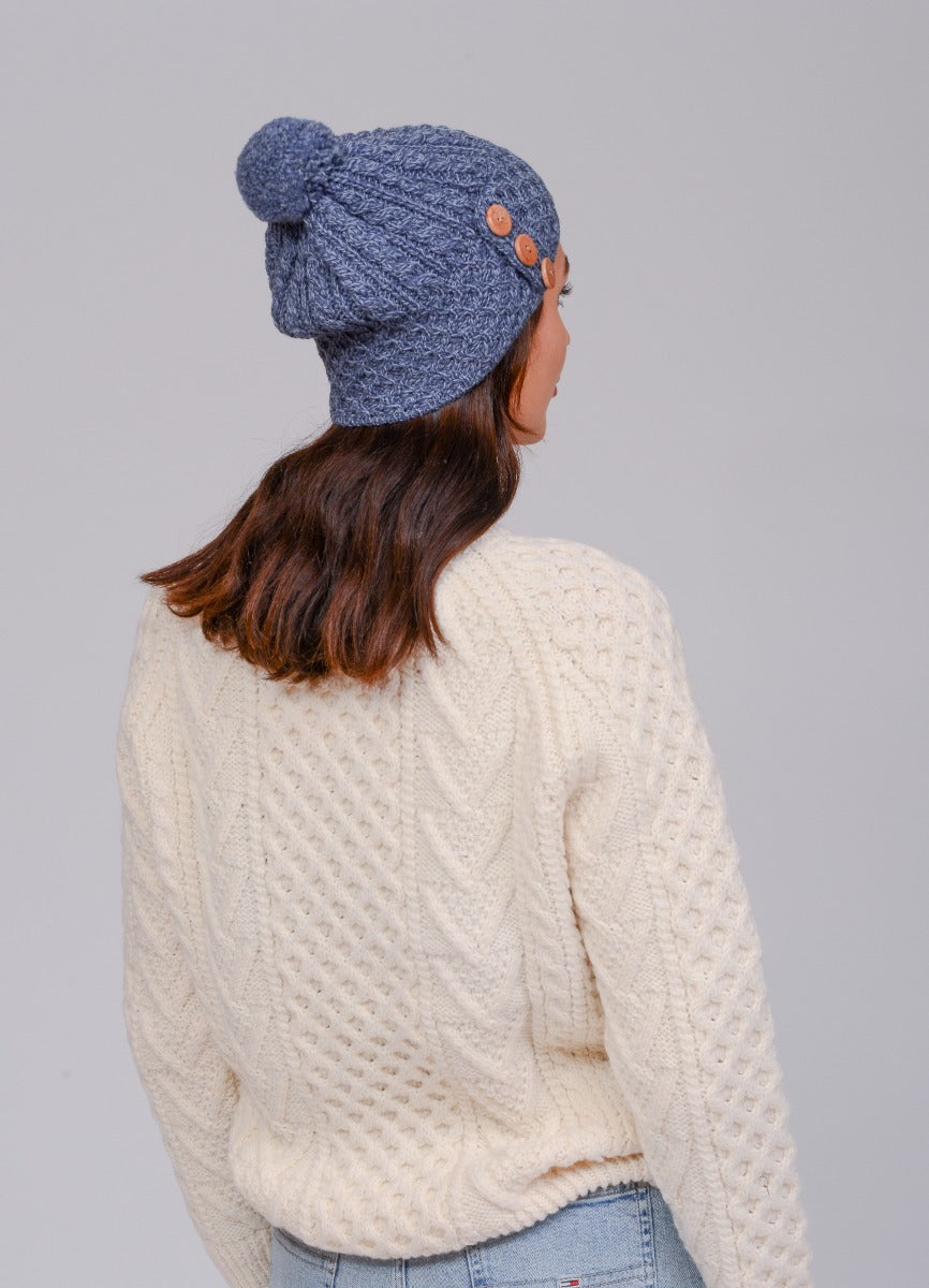 Aran Merino Wool Hat with 3 Buttons , Denim Marl