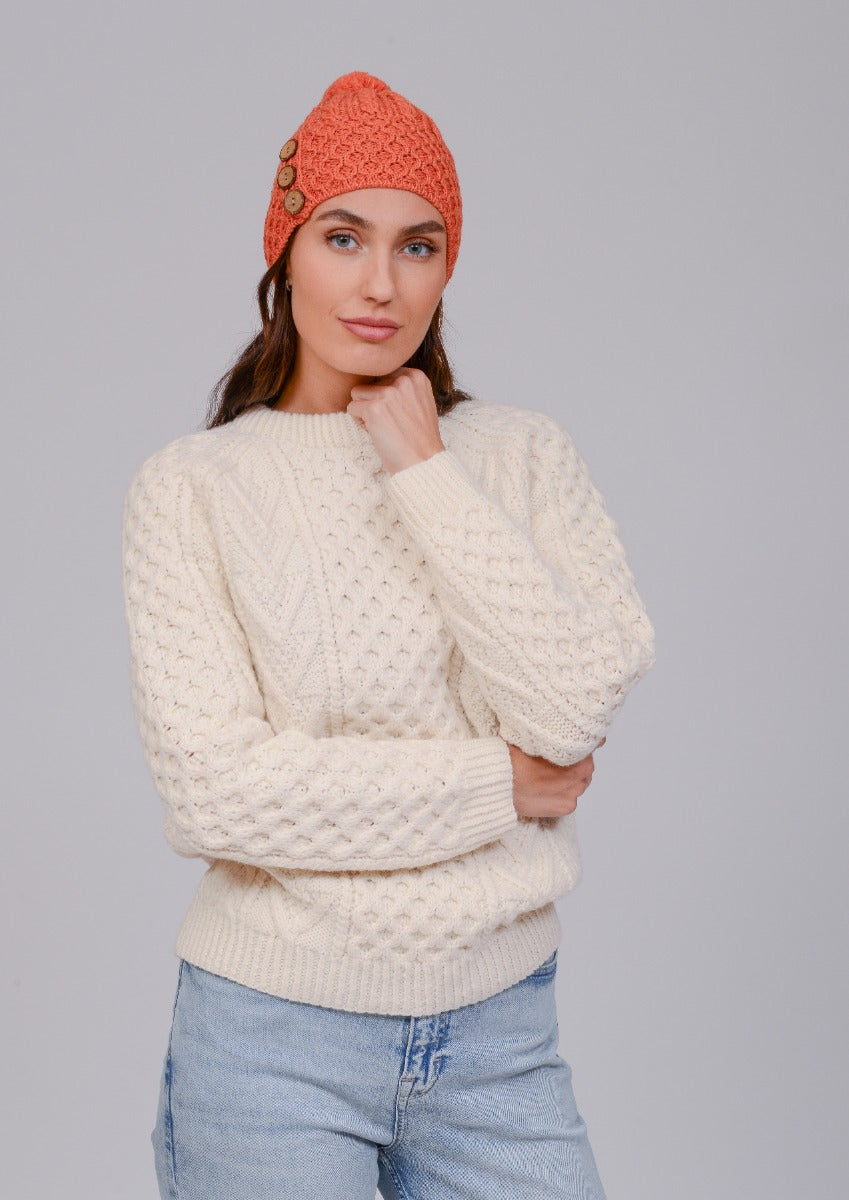 Aran Merino Wool Hat with 3 Buttons , Autumn Leaves Orange