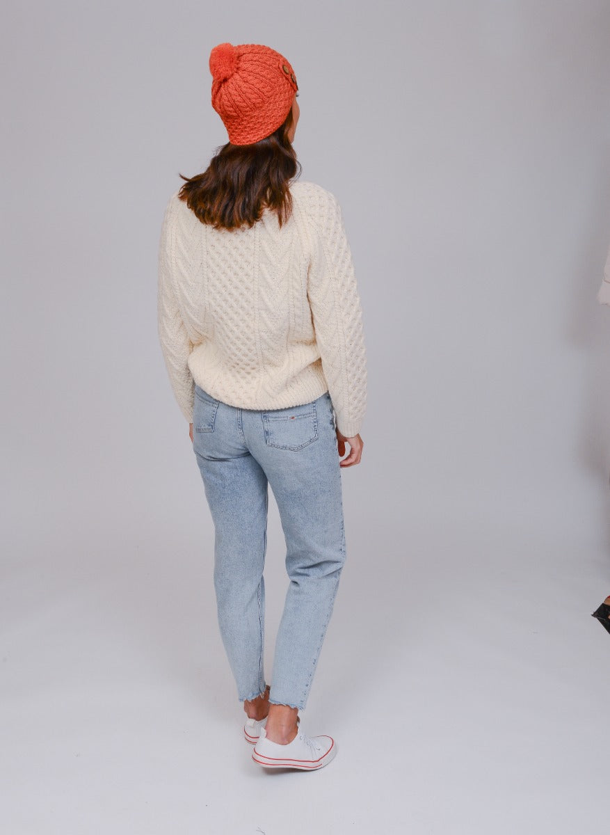 Aran Merino Wool Hat with 3 Buttons , Autumn Leaves Orange
