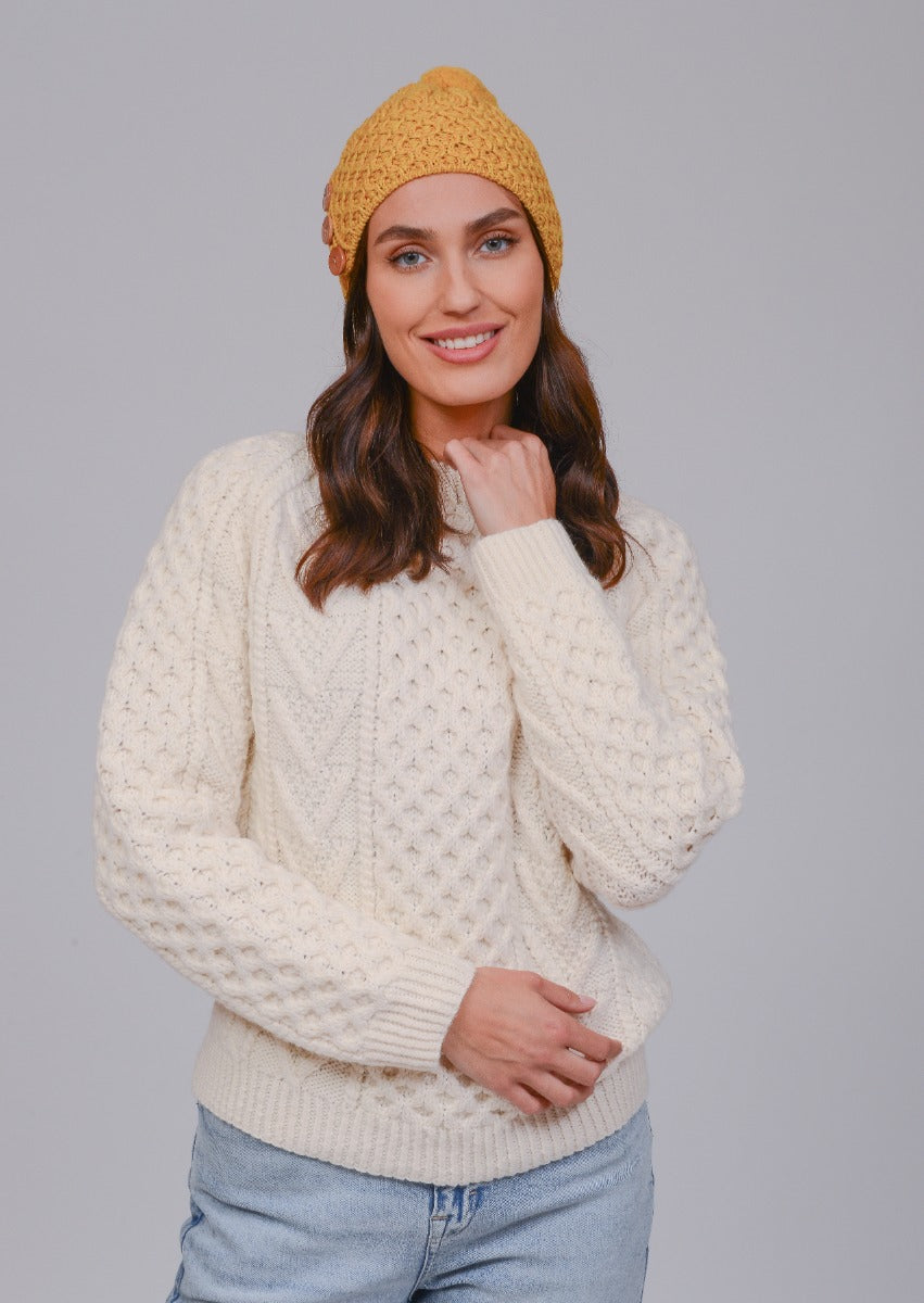 Aran Merino Wool Hat with 3 Buttons , Sun Yellow