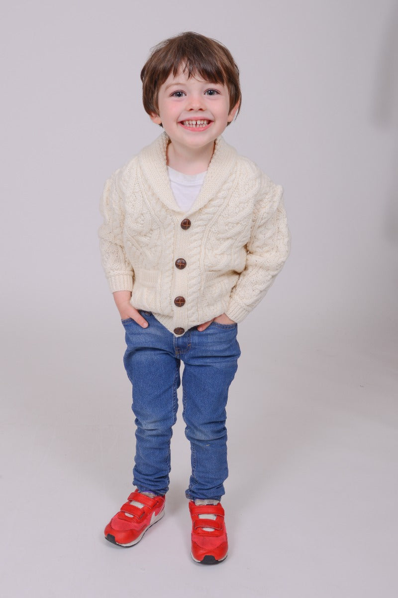Aran Crafts Childrens Aran Shawl Collar Button Cardigan