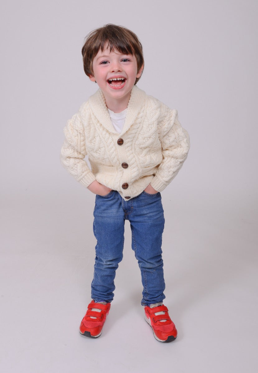 Childrens Aran Shawl Collar Button Cardigan , Natural