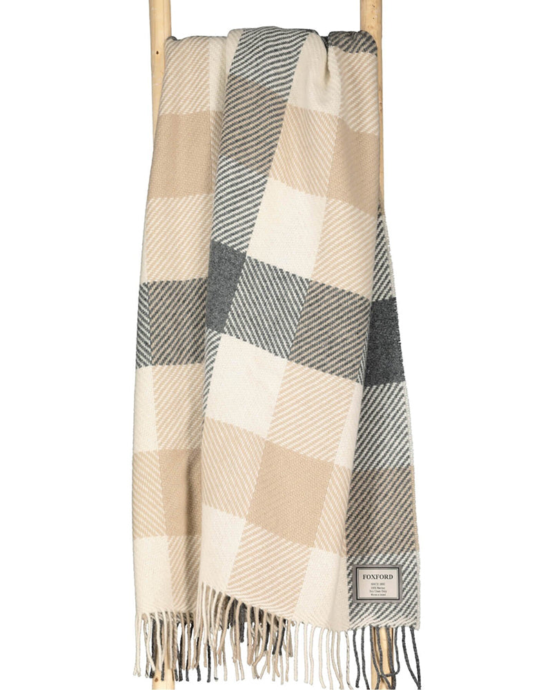 Foxford Woollen Mills | Classic Block Herringbone Throw- Natural, Grey and Beige
