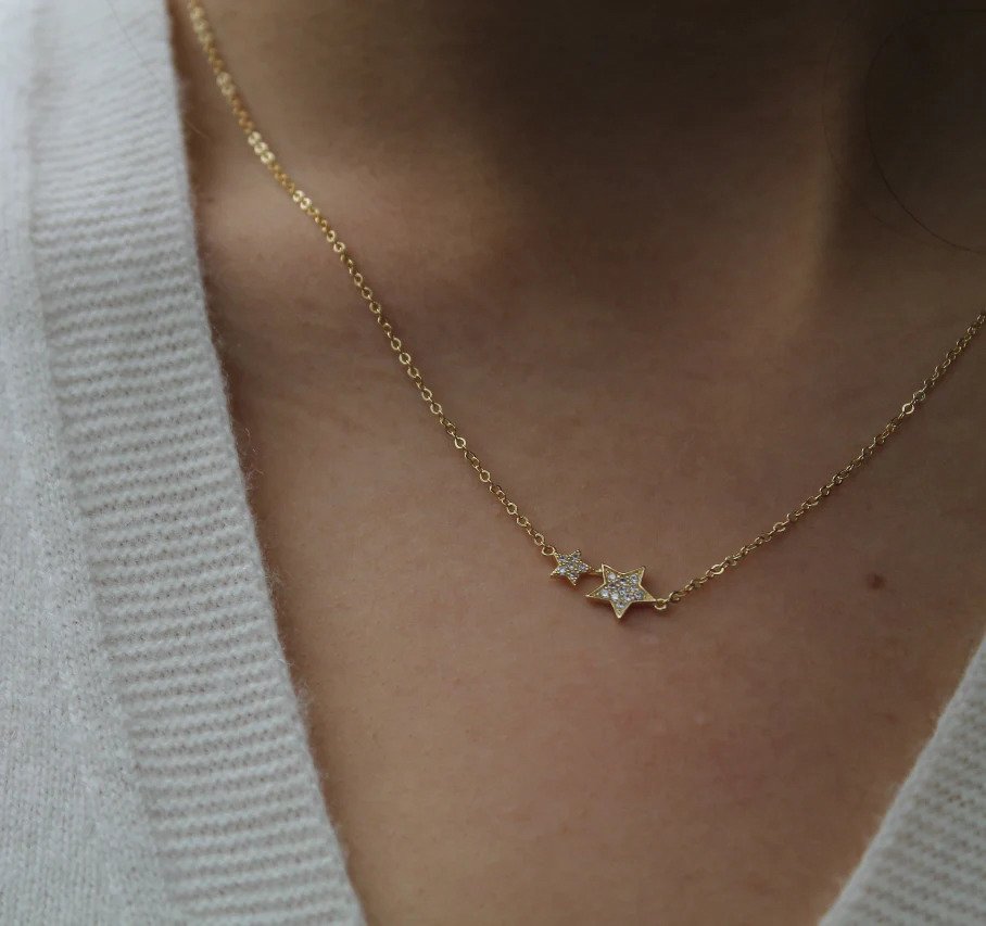 Mary-K Gold Pave 2 Star Necklace