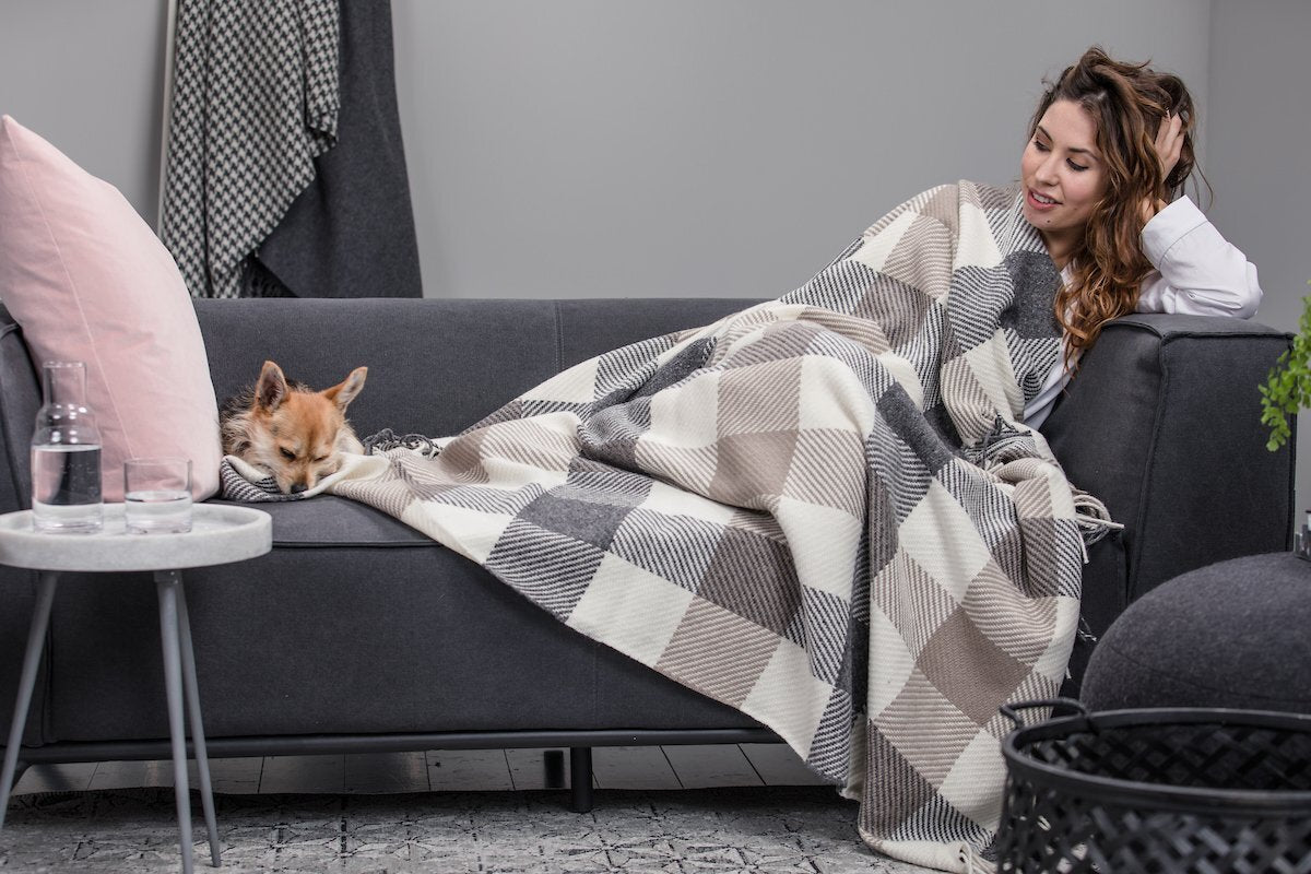 Foxford Woollen Mills | Classic Block Herringbone Throw- Natural, Grey and Beige