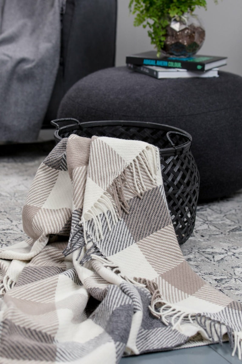 Foxford Woollen Mills | Classic Block Herringbone Throw- Natural, Grey and Beige