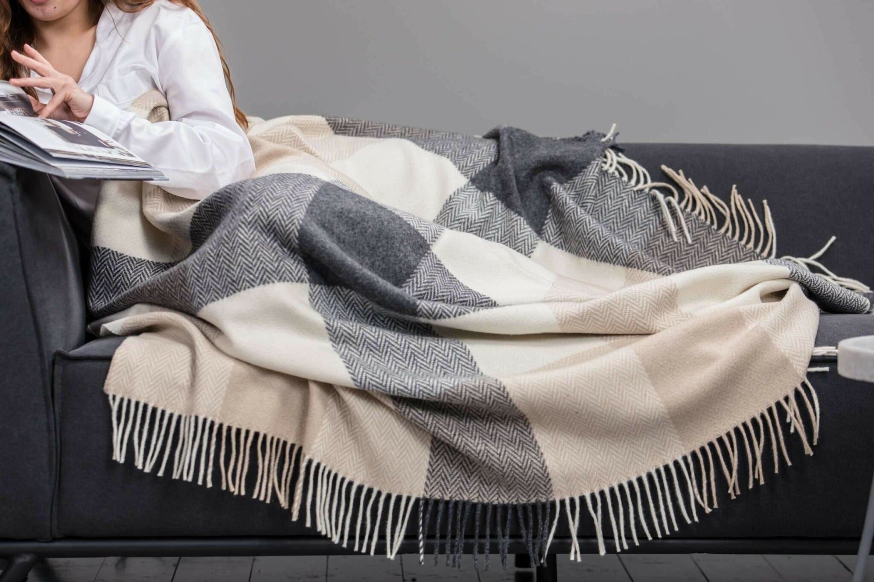 Foxford Woollen Mills | Grey, Bone & White Checked Throw