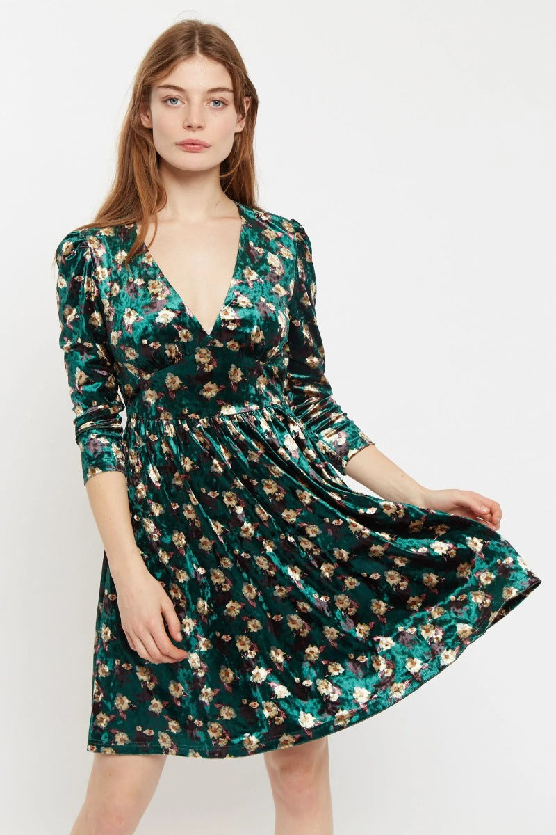 Louche | Annalise V-Neck Velvet Dress -Green