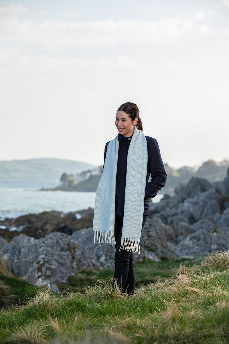 Foxford Woollen Mills Blue And White Herringbone Scarf