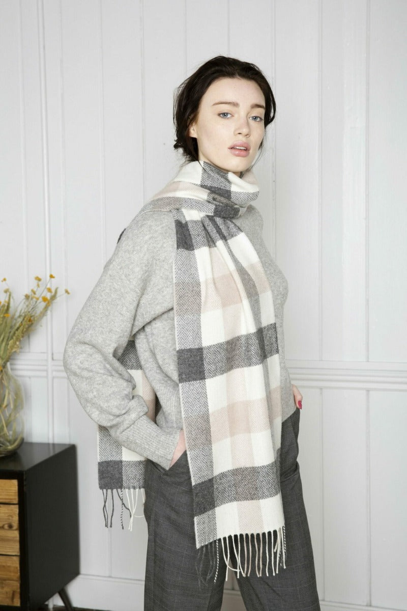 Foxford Neutral Block Check Lambswool Scarf