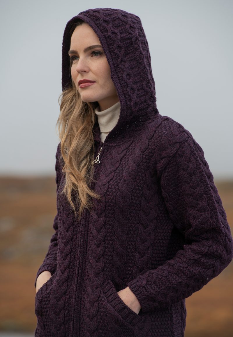 Long Hooded Zip Coat , Damson