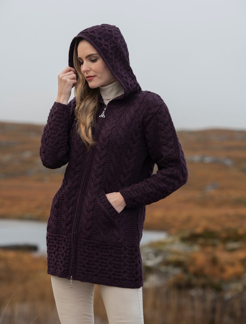 Long Hooded Zip Coat , Damson