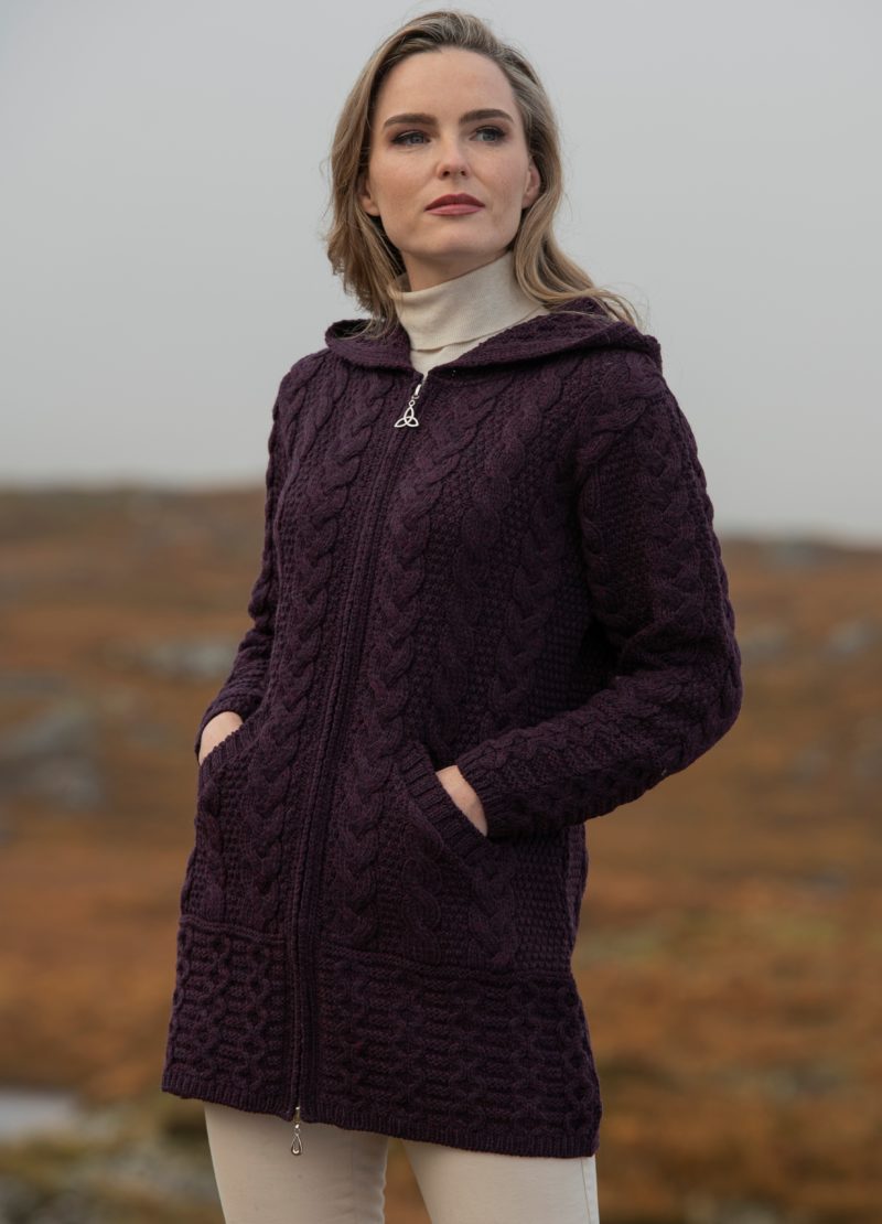 Long Hooded Zip Coat , Damson