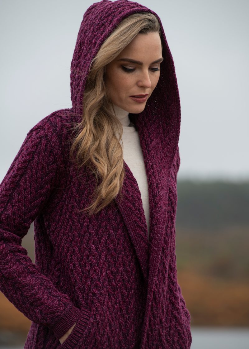 Herringbone Shawl Cardigan with Hood , Purple Marl