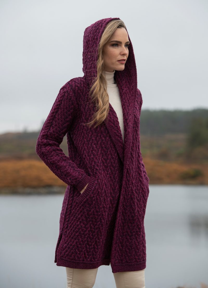 Herringbone Shawl Cardigan with Hood , Purple Marl