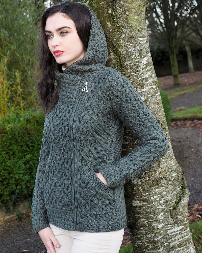 Model wearing West End Knitwear side zip hooded Aran cardigan in grey