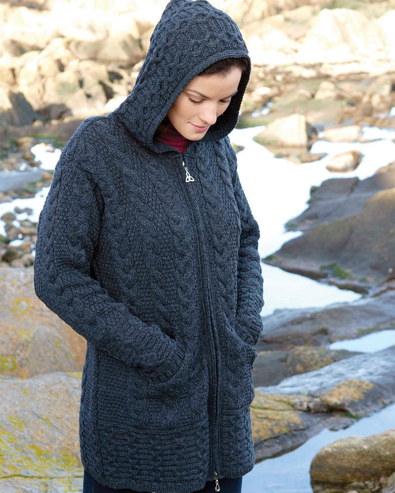 Aran Crafts Long Hooded Zip Aran Cardigan Charcoal1