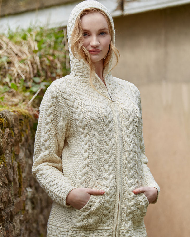 Long Zip Up Aran Cardigan With Hood , Natural