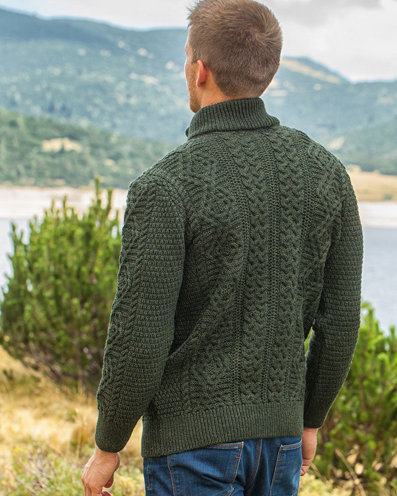 Aran Fisherman Zip Cardigan - Army Green