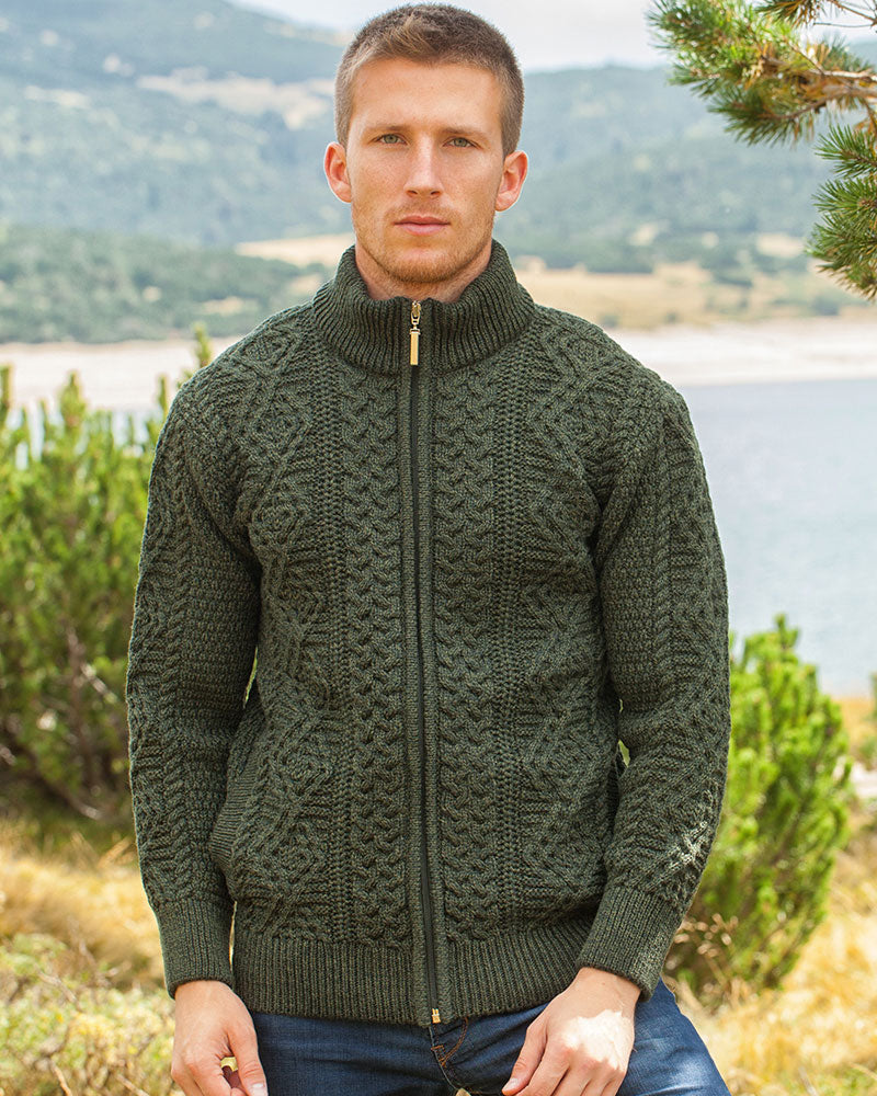 Men's Aran Fisherman Zip Cardigan, Army Green Merino Wool Standún