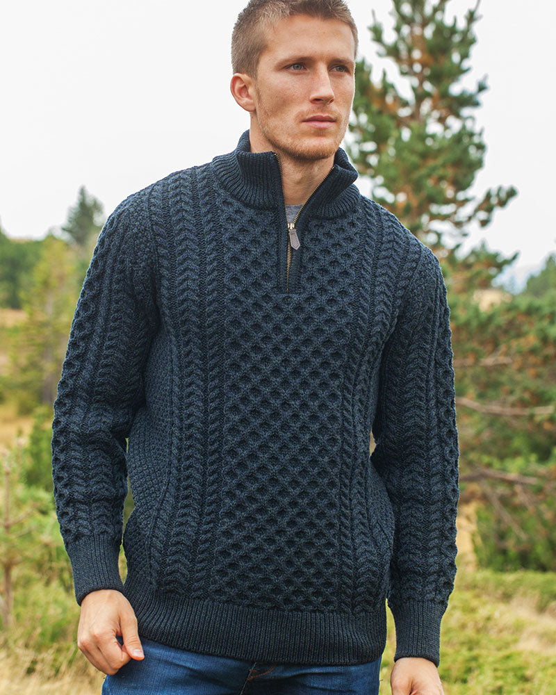 Men's 1/4 Zip Aran Sweater - Blackwatch