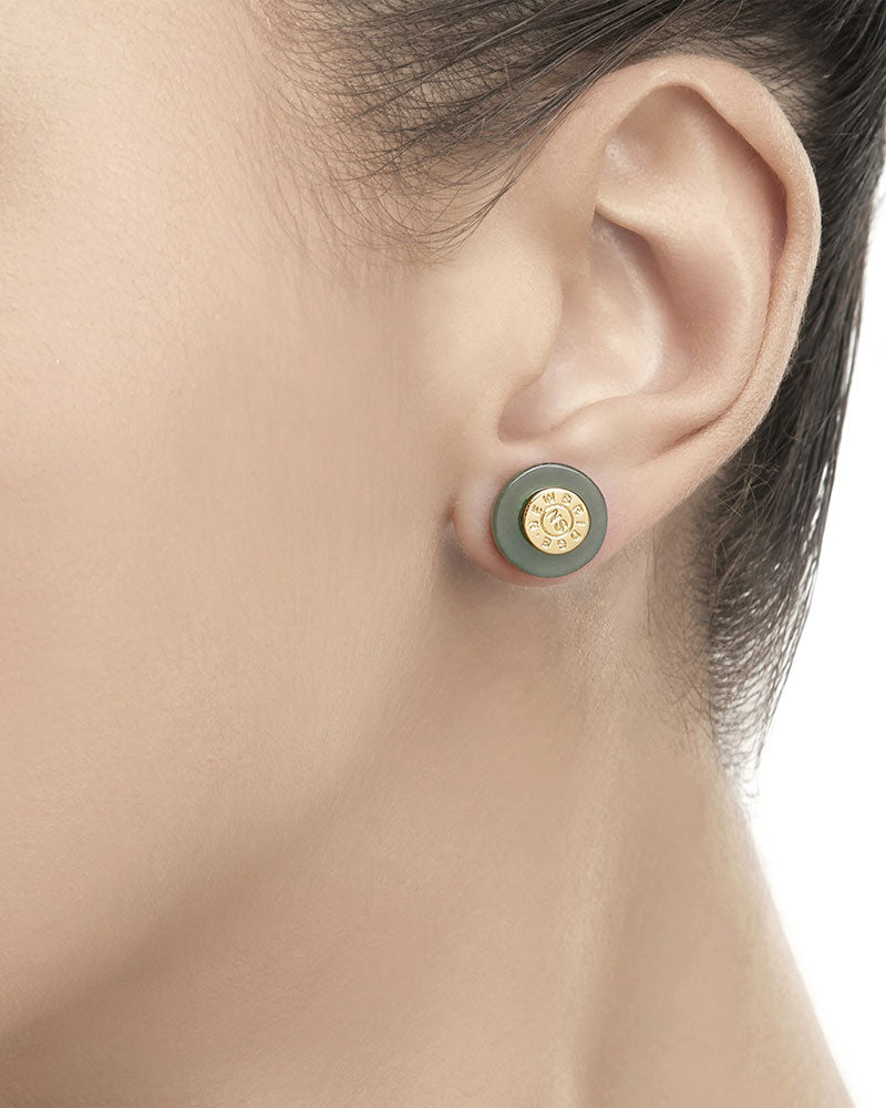 Model Wearing Newbridge Silverware green stud earrings