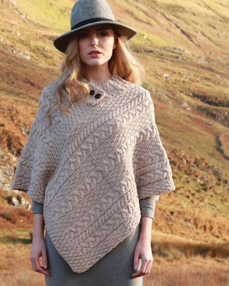 Aran Woollen Mills | 100% Merino Wool Button Poncho | Wicker A200