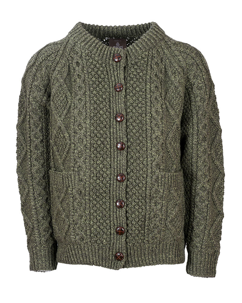 Aran Handknit Lumber Cardigan with Pockets , Moss Green