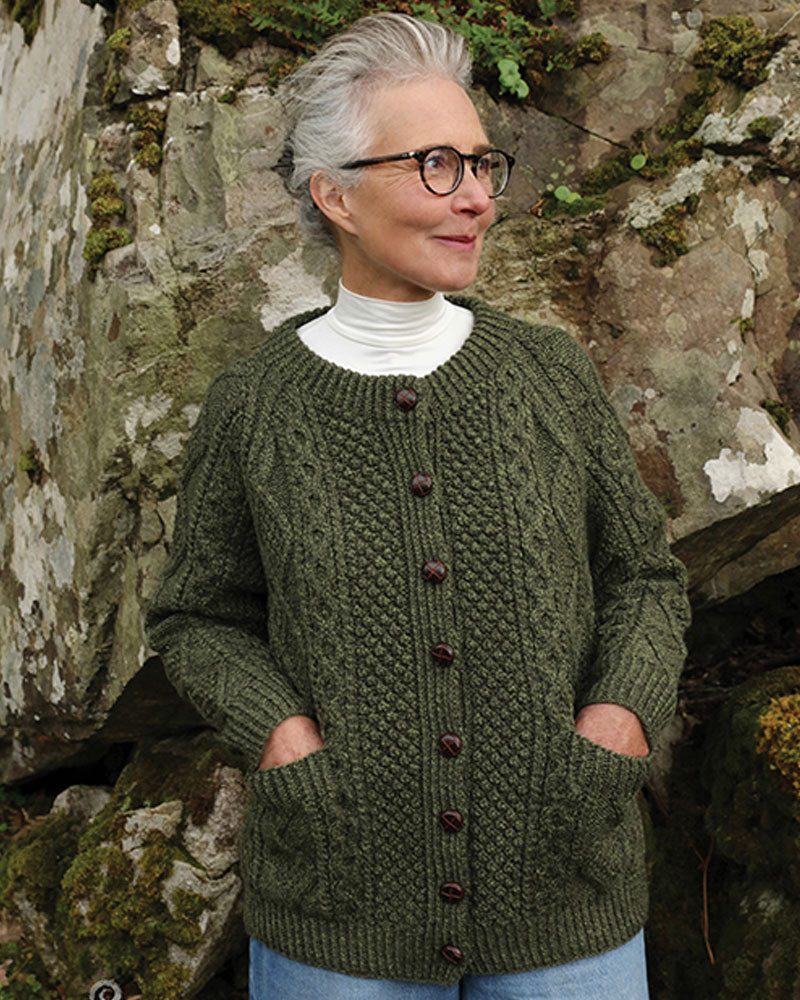 Aran Handknit Lumber Cardigan with Pockets , Moss Green