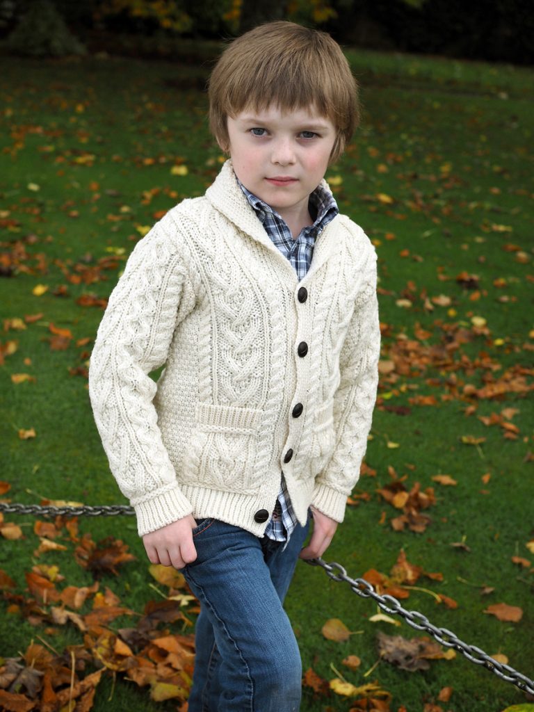 Childrens Aran Shawl Collar Button Cardigan , Natural