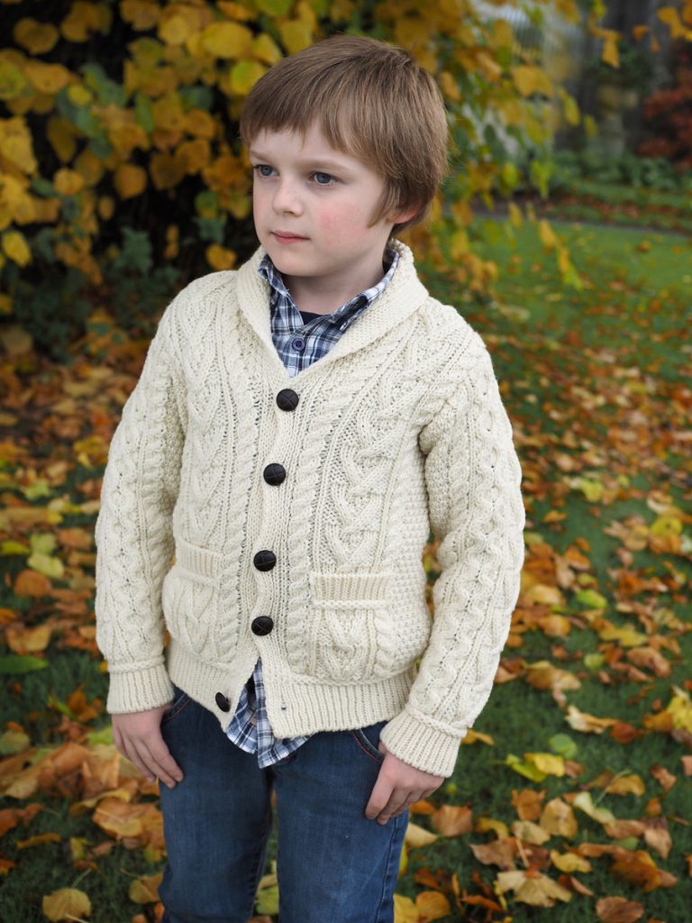 Childrens Aran Shawl Collar Button Cardigan , Natural