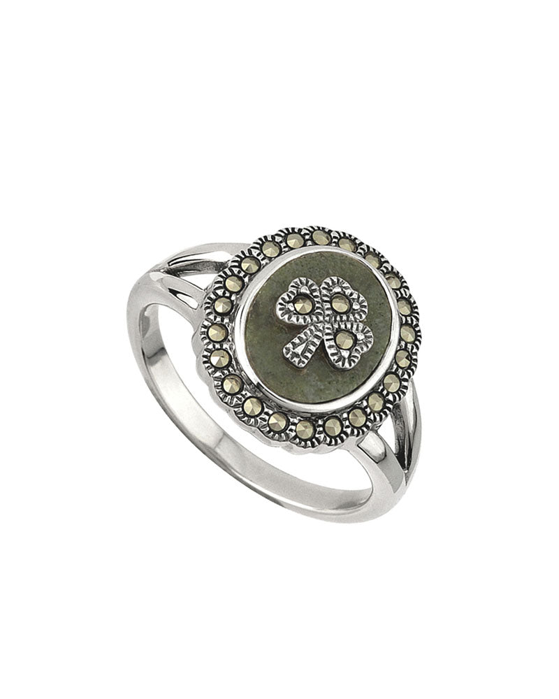 Connemara Marble Marcasite Shamrock Ring
