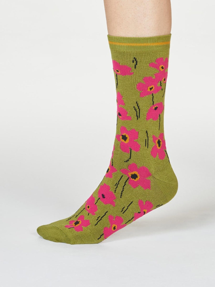 Thought | Women's Peggie Floral Socks - Olive Green