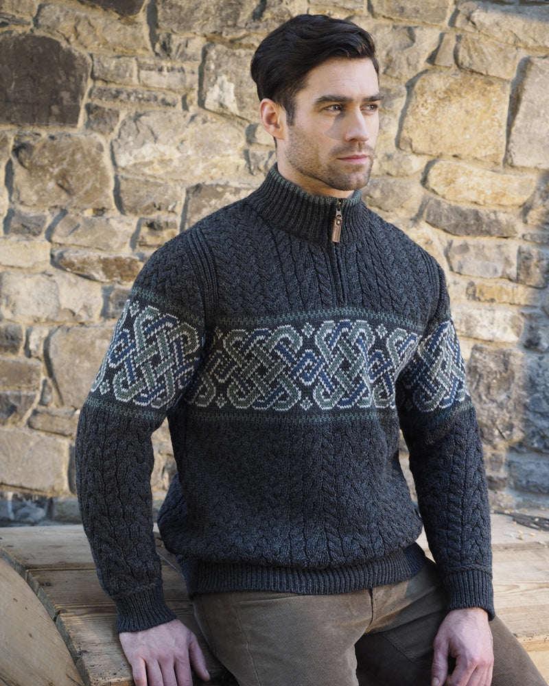 Aran Celtic Jacquard Half Zip Sweater , Charcoal