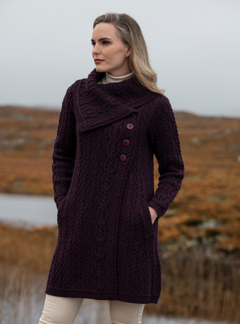 Chunky Collar Coat With Buttons , Damson