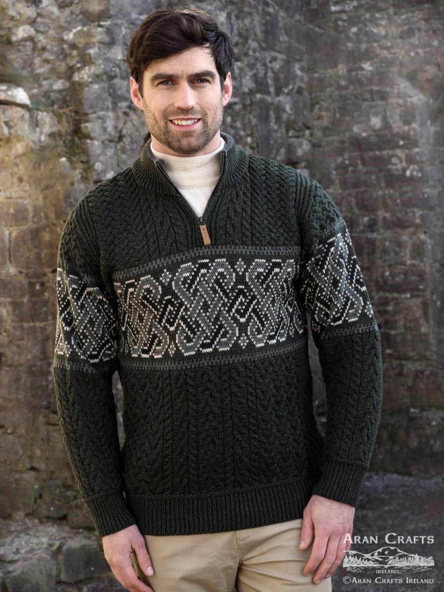 Aran Celtic Jacquard Half Zip Sweater , Army Green