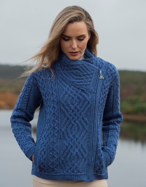 Cable Knit Jacket with Zip , Blue Marl